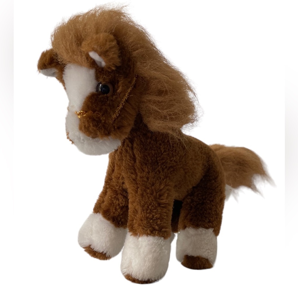 BJ Toy Co Brown White Horse Pony Stuffed Plush Gold Sparkle Bridle 8” HTF